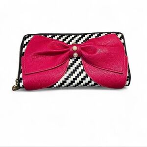 Betsey Johnson Black & White Woven Zip Wallet with Hot Pink Bow Accent